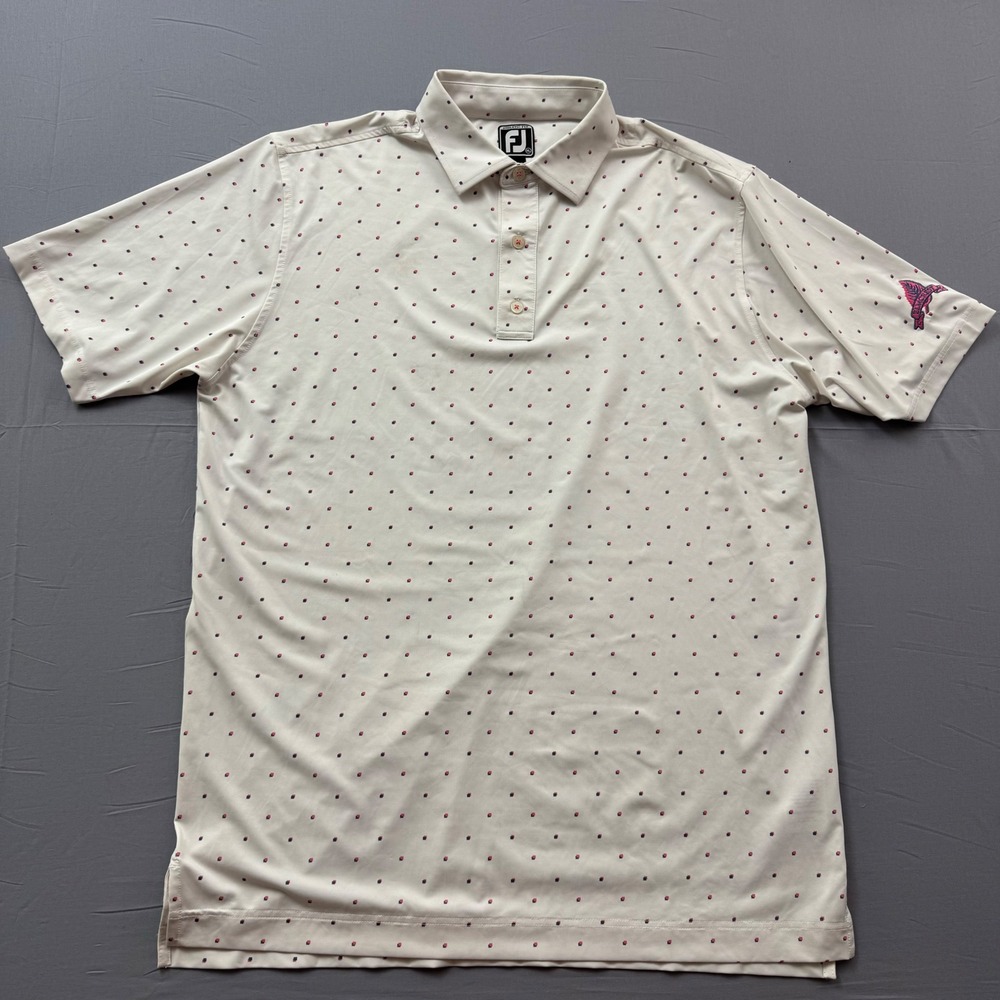FootJoy Athletic Fit Golf Polo Shirt Mens XL Cream Geometric Print Elmcrest Logo